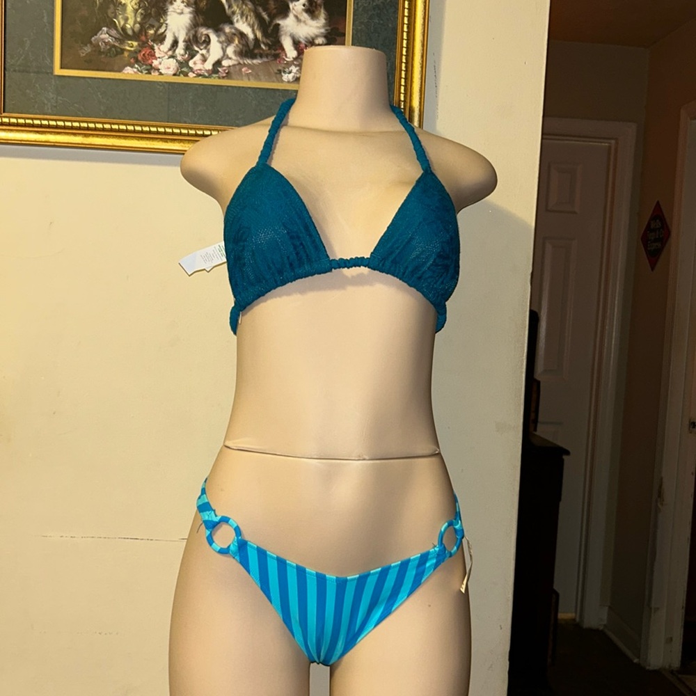 Aerie Blue Striped looking Bikini/o-rings vintage styled & Top Set Size …